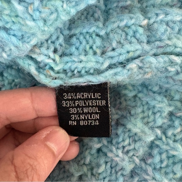 BCBGMaxAzria MEDIUM hooded Cardigan Sweater baby Blue pom pom wool blend - Picture 6 of 7